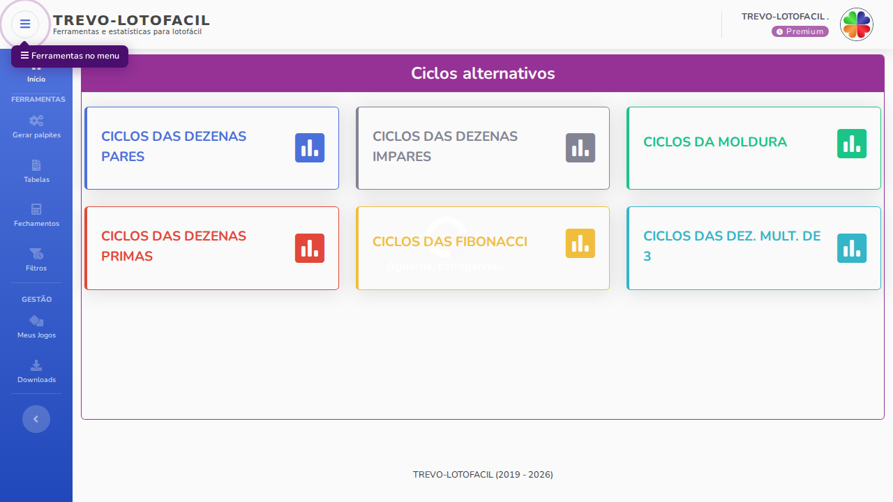 Tela de menu dos ciclos alternativos no trevo-lotofacil, com os seis cartões: pares, ímpares, moldura, primos, fibonacci e múltiplos de 3