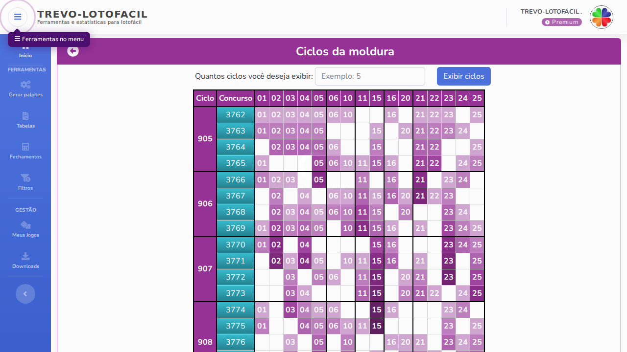 Tabela de ciclos da moldura no trevo-lotofacil, mostrando concursos agrupados por ciclo com as 16 dezenas da moldura destacadas quando sorteadas