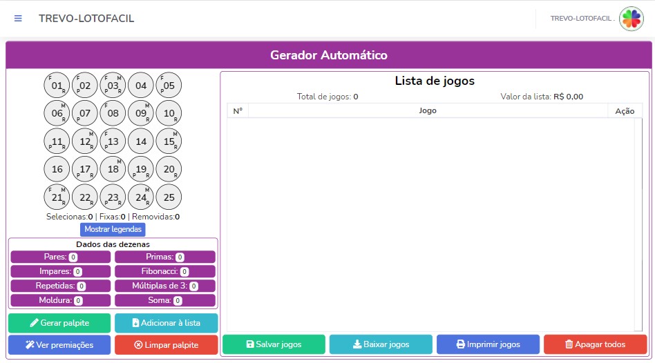 Gerador de palpites lotofácil